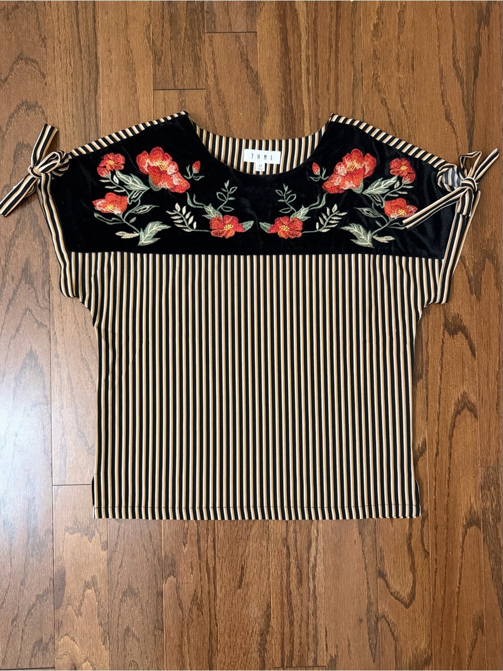 THML Black Striped Short Sleeve Top with Red Floral Embroidery Velvet Yoke XS